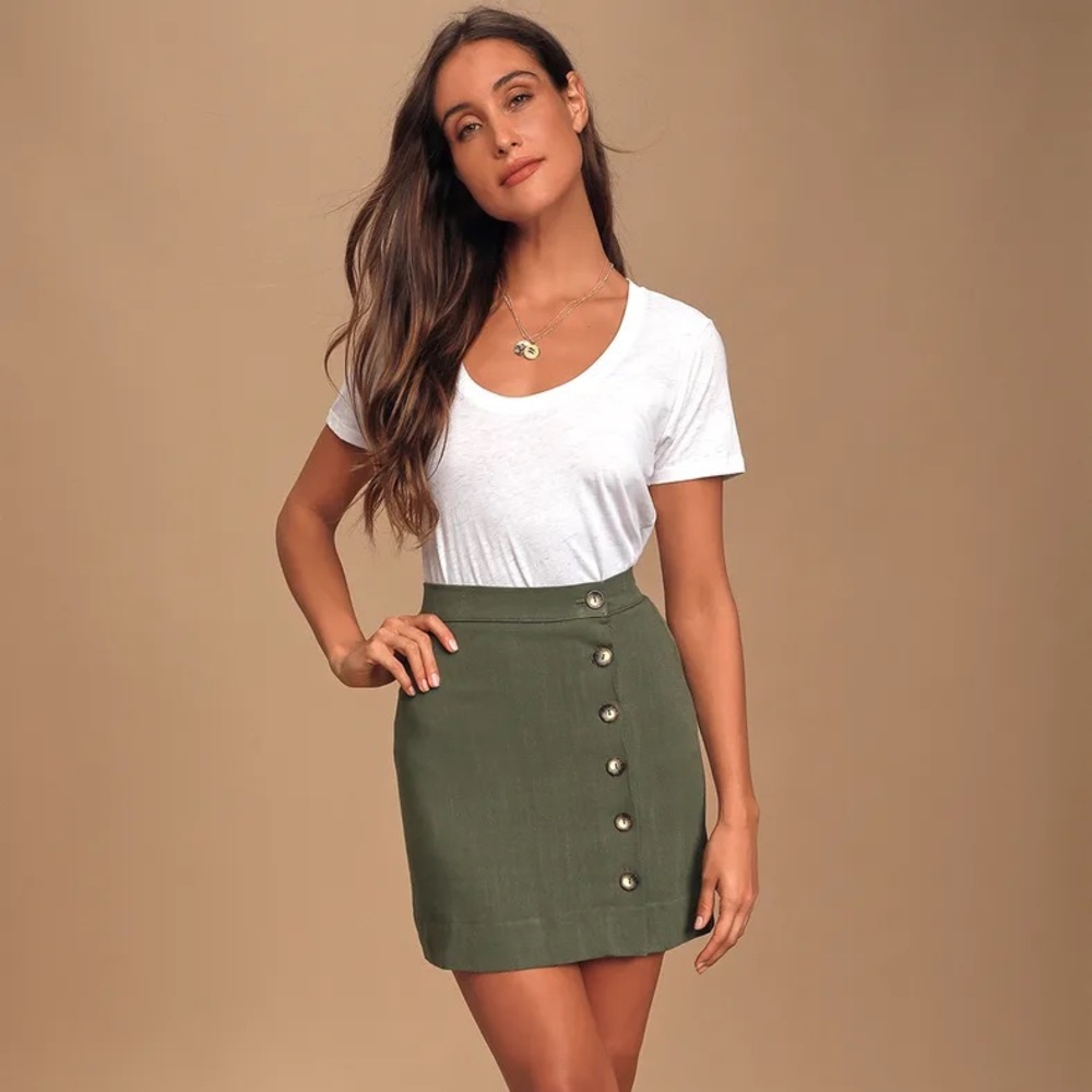 Lulus: Andrews Olive Green Button Front Mini Skirt - Size S